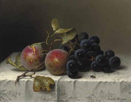 Johann Wilhelm Preyer Prunes and grapes on a damast tablecloth Spain oil painting art